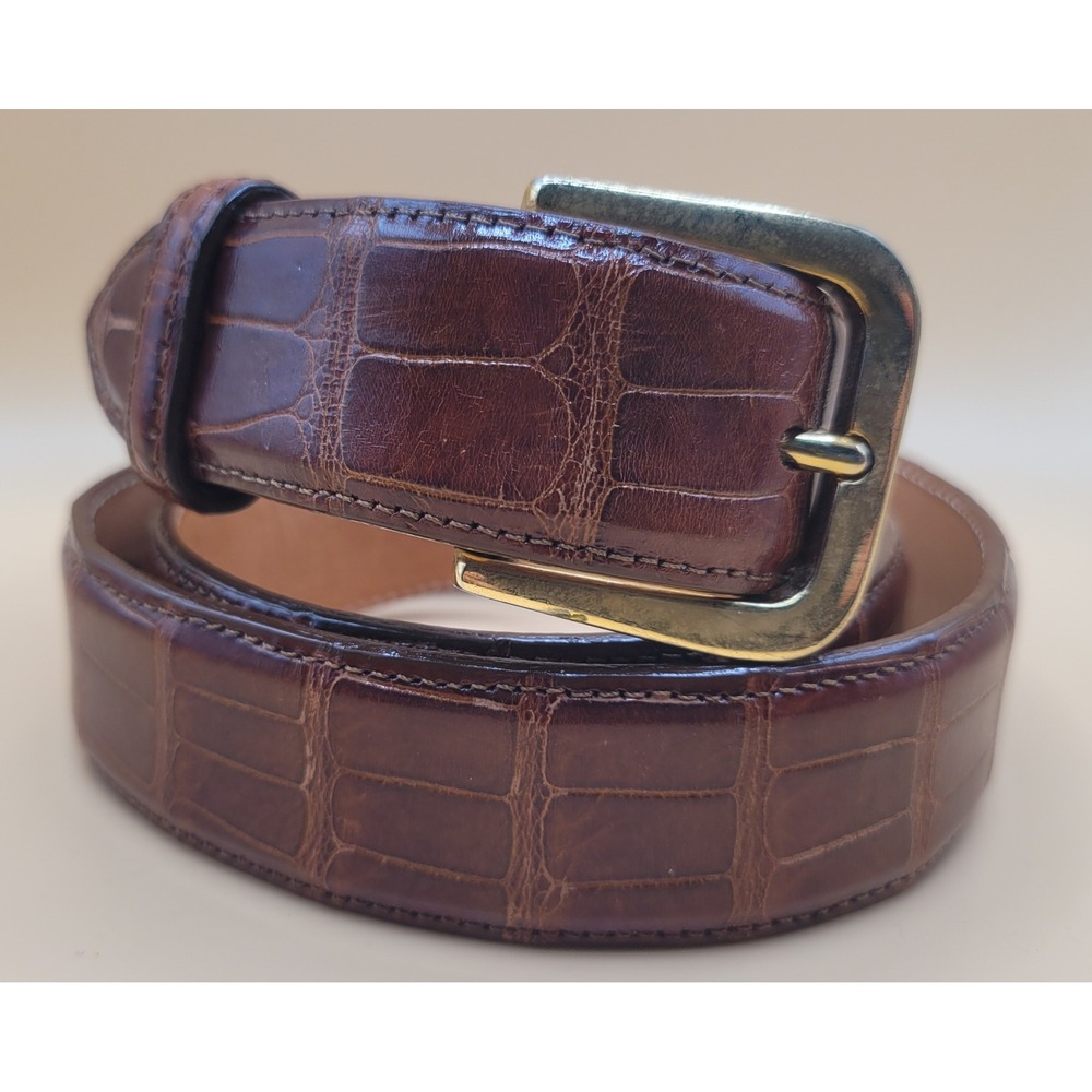 David Eden Mens Genuine American Alligator Leather Belt Brown Gold Buckle 40 USA